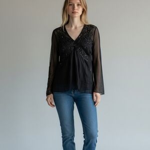 NWT IXE long-sleeved Black Dark Victorian WhimsiGoth beaded top Blouse L